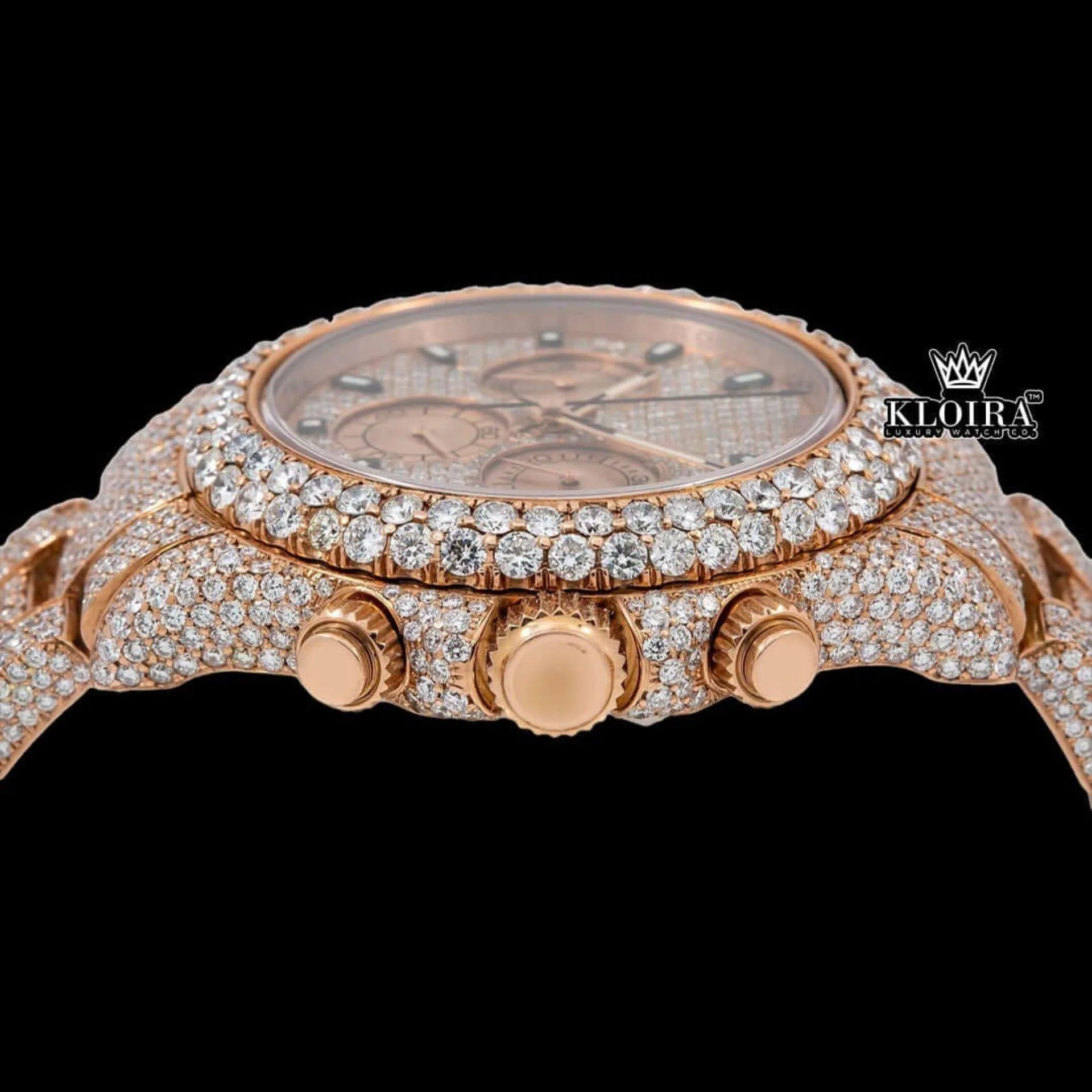 Stick Markers Chronograph Dial Rose Gold Fully Iced Out Moissanite Watch Crown View