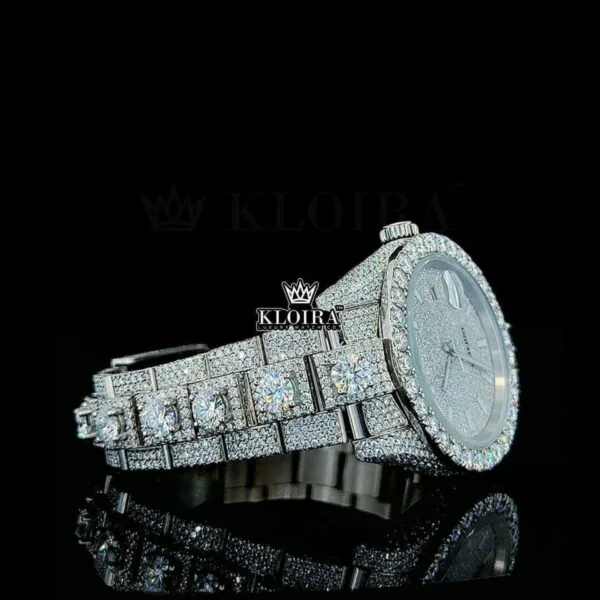 Stick Markers White Dial Diamond Link Strap Iced Out Moissanite Watch Right Profile View