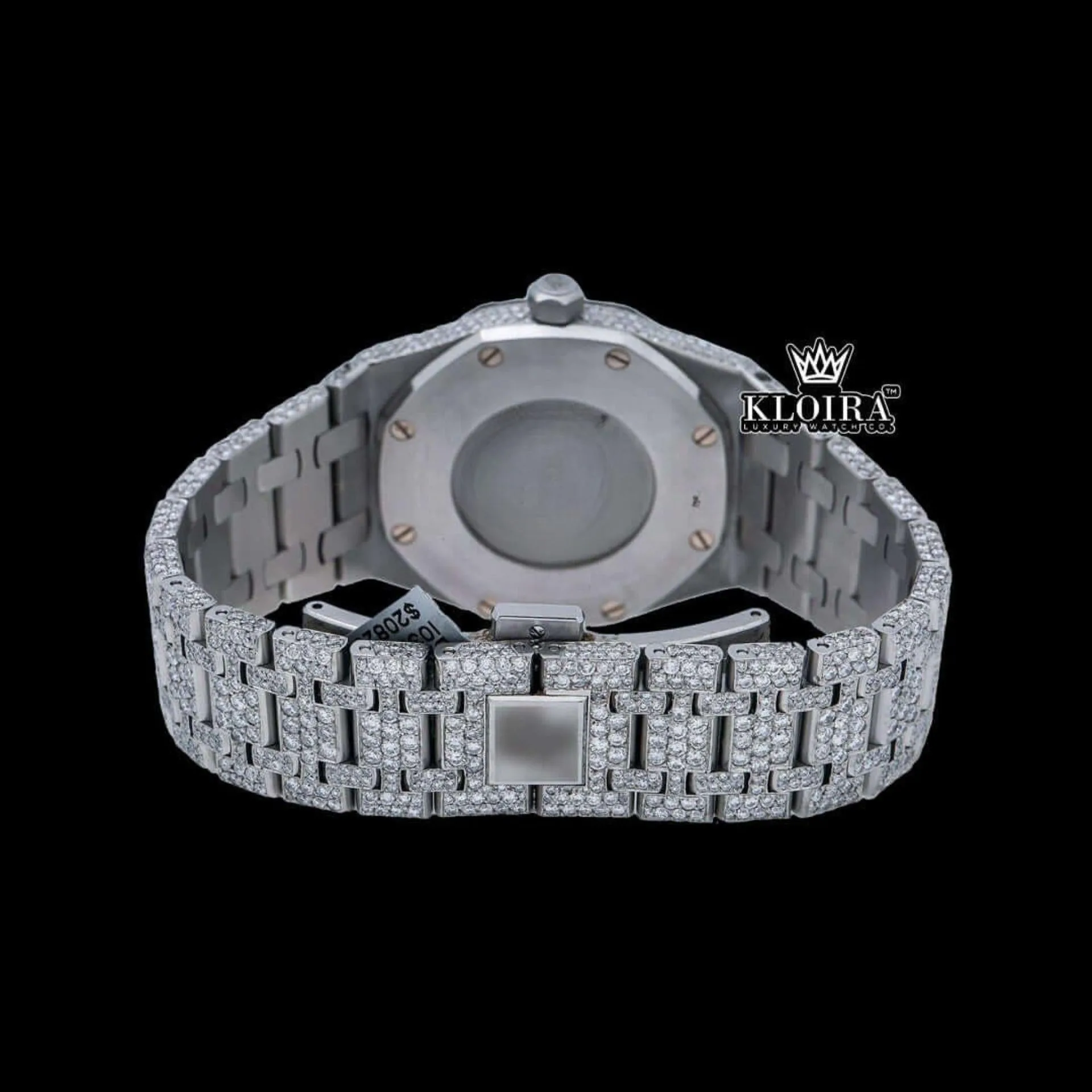Stick Markers White Dial Full Iced Out Moissanite Diamond Watch Caseback View