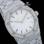 Stick Markers White Dial Full Iced Out Moissanite Diamond Watch Close Up Dial View