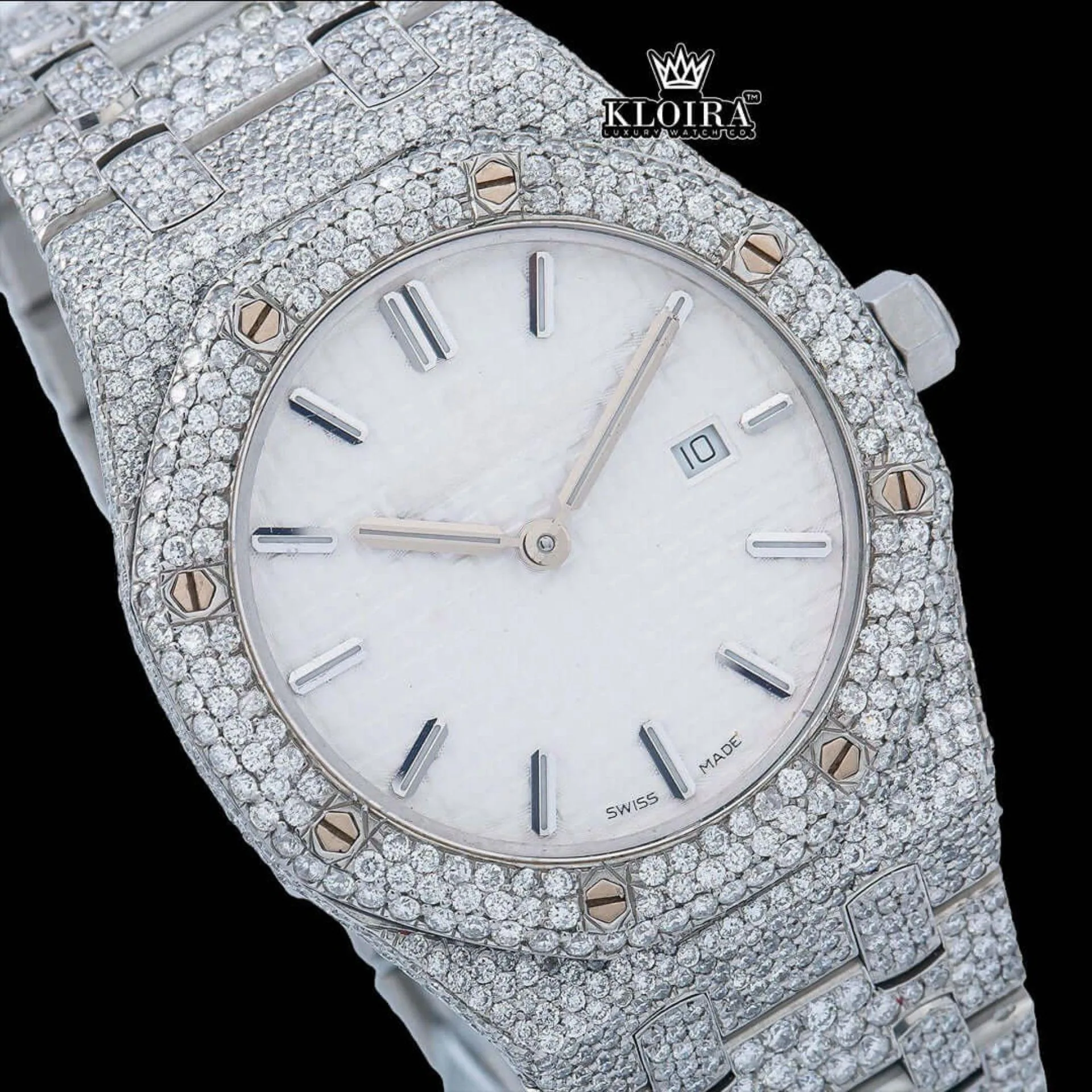 Stick Markers White Dial Full Iced Out Moissanite Diamond Watch Close Up Dial View