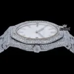 Stick Markers White Dial Full Iced Out Moissanite Diamond Watch Crown View