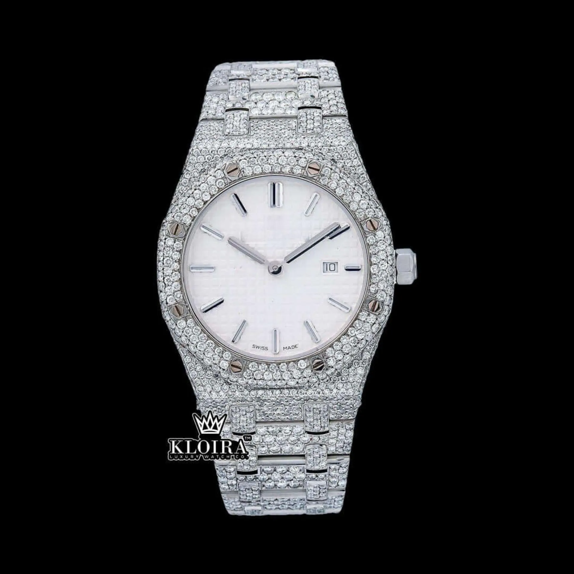 AP Royal Oak Moissanite Watch with White Dial and Iced-Out Design