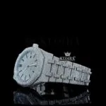 Stick Markers White Dial Fully Iced Out AP Moissanite Diamond Watch Close Up Front View