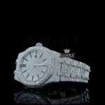 Stick Markers White Dial Fully Iced Out AP Moissanite Diamond Watch Left Profile View
