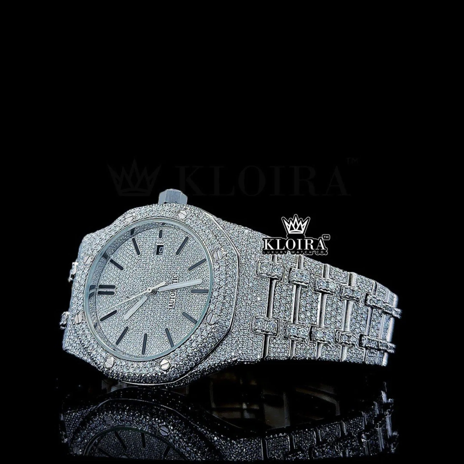 Stick Markers White Dial Fully Iced Out AP Moissanite Diamond Watch Left Profile View