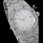 Stick Markers White Dial Fully Iced Out Moissanite Diamond Watch Close Up Dial View