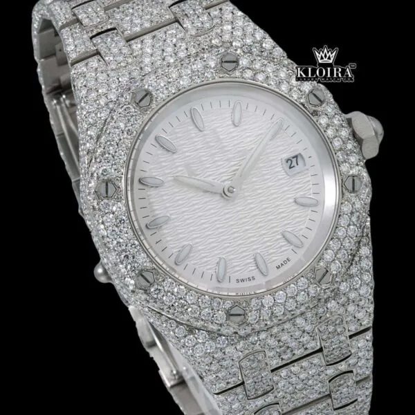 Stick Markers White Dial Fully Iced Out Moissanite Diamond Watch Close Up Dial View