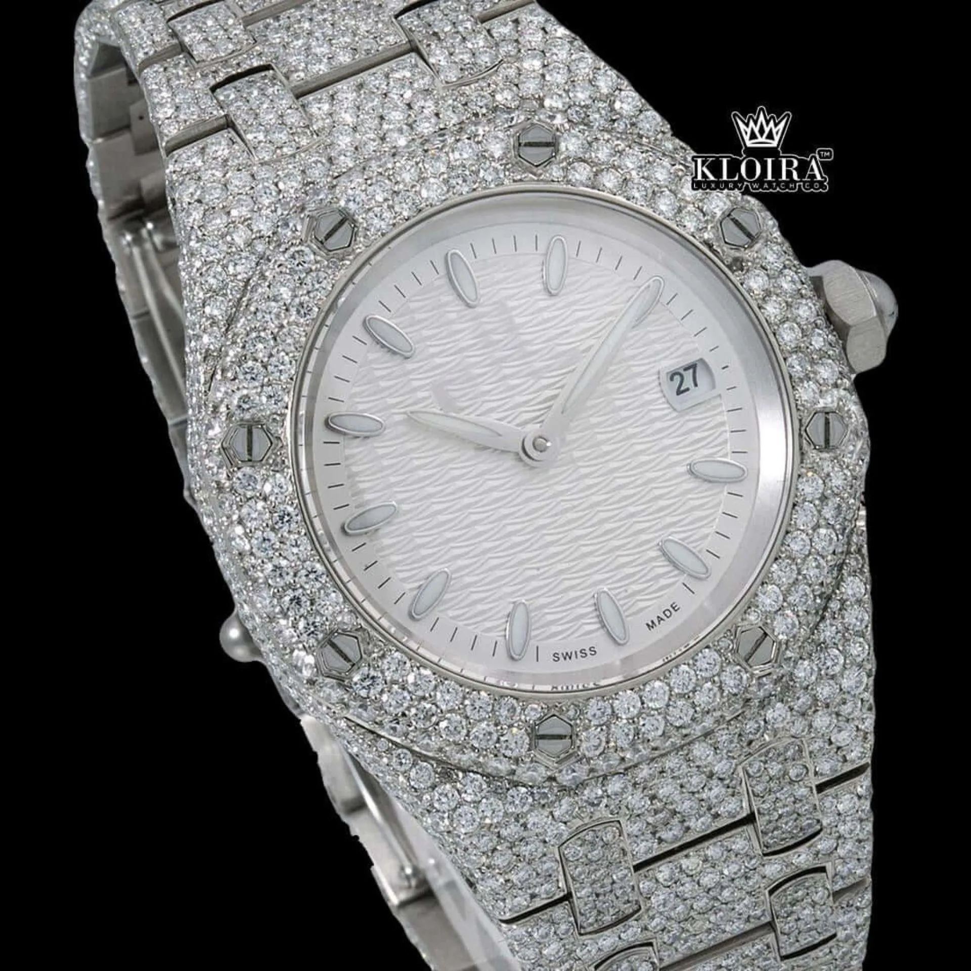 Stick Markers White Dial Fully Iced Out Moissanite Diamond Watch Close Up Dial View