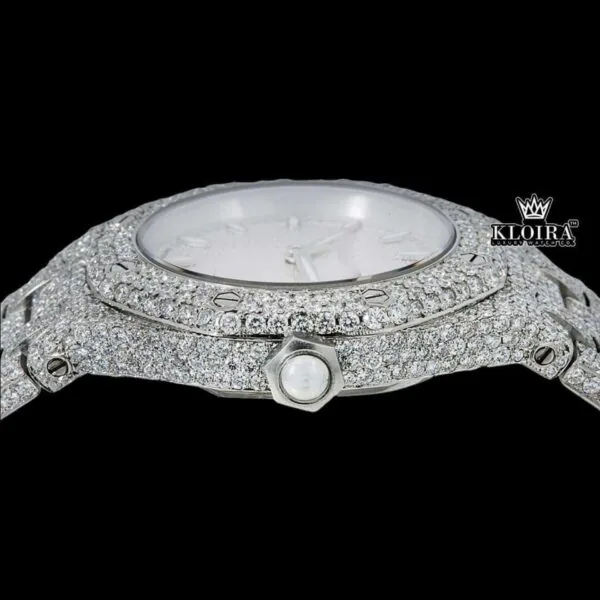 Stick Markers White Dial Fully Iced Out Moissanite Diamond Watch Crown View