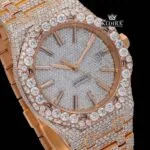Stick Markers White Dial Rose Gold Moissanite Diamond Watch Close Up Dial View
