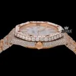 Stick Markers White Dial Rose Gold Moissanite Diamond Watch Crown View