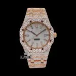 AP Stick Markers White Dial Moissanite Watch with Rose Gold and Iced-Out Bracelet