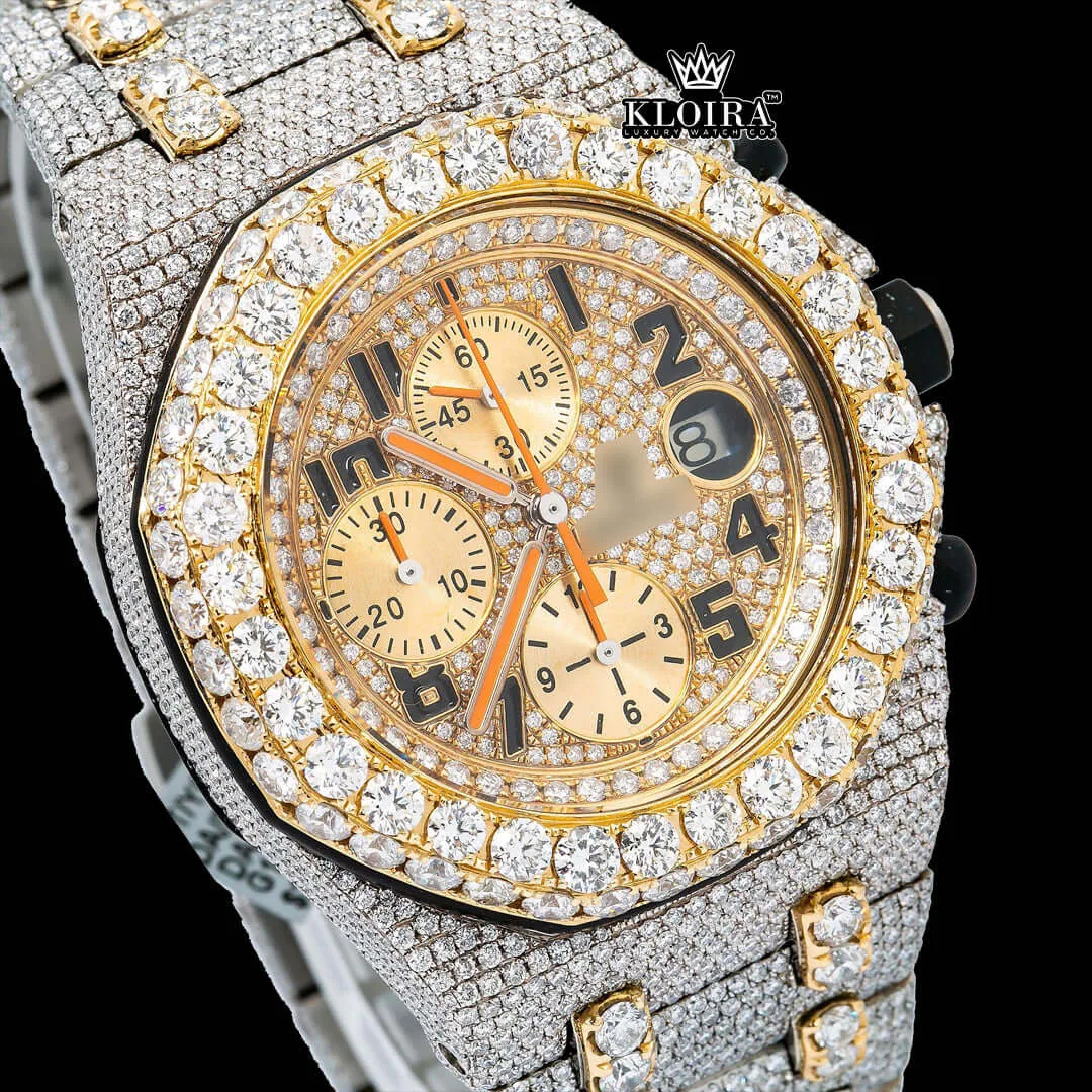 Two Tone AP Moissanite Diamond Watch with yellow dial and diamond embellishments in 14K gold plating.