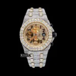 AP Two Tone Yellow Gold Chronograph Moissanite Watch with yellow dial and sparkling diamonds.