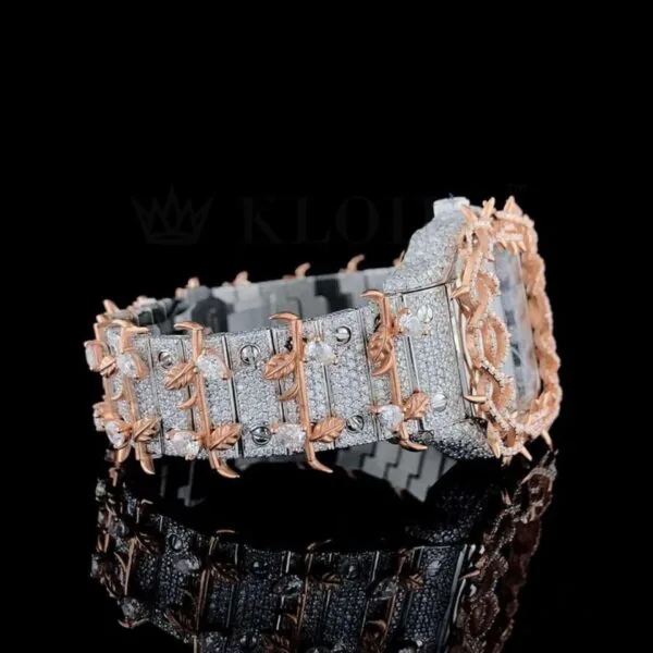 Thorn Bezel Roman Dial Two Tone Rose Gold Moissanite Watch Right Profile View