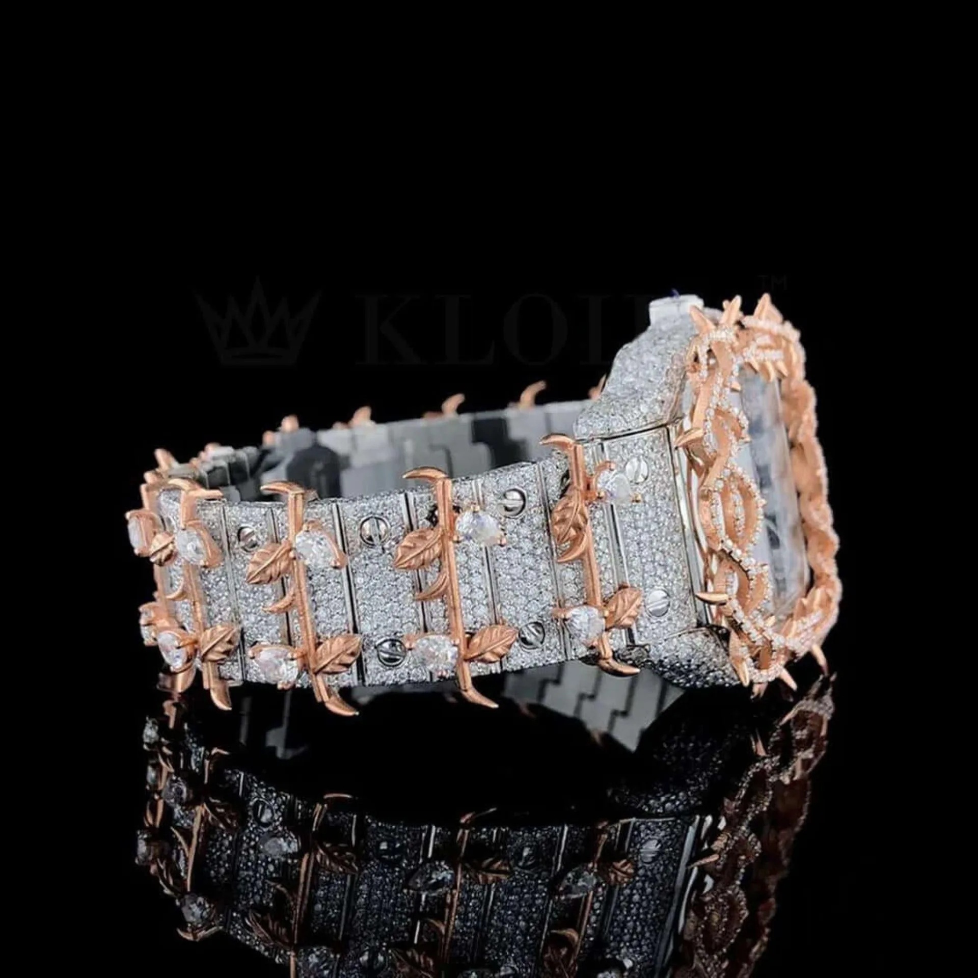 Thorn Bezel Roman Dial Two Tone Rose Gold Moissanite Watch Right Profile View