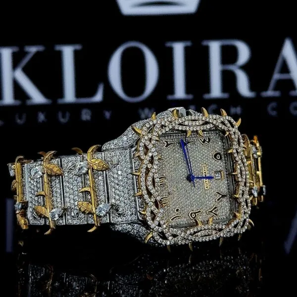 Thorn Bezel Yellow Gold Arabic Numerals Moissanite Diamond Watch Right Profile View