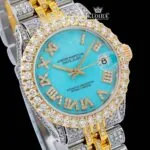 Tiffany Blue Roman Dial Two Tone Iced Out Moissanite Watch Close Up Dial View