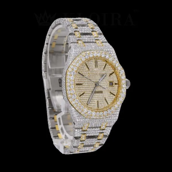 Two Tone AP Yellow Dial Fully Iced Out Moissanite Watch Right Side Front View