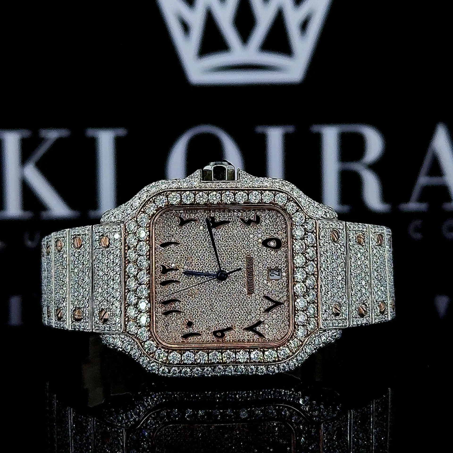 Cartior Two Tone Arabic Numerals Moissanite Watch with Rose Gold Dial