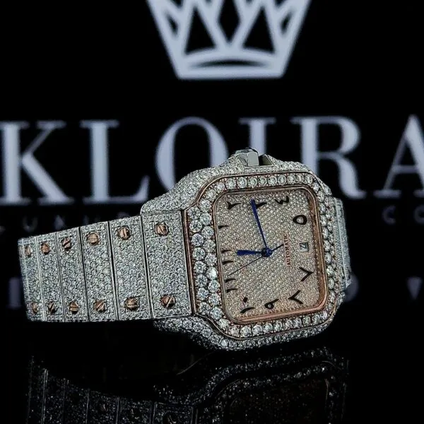 Two Tone Arabic Numerals Rose Gold Dial Moissanite Diamond Watch Right Profile View