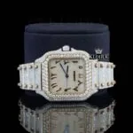 Two Tone Arabic Numerals Yellow Fully Iced Dial Moissanite Diamond Watch Close Up Front View