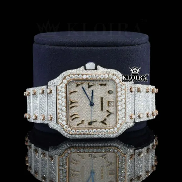 Two Tone Arabic Numerals Yellow Fully Iced Dial Moissanite Diamond Watch Close Up Front View