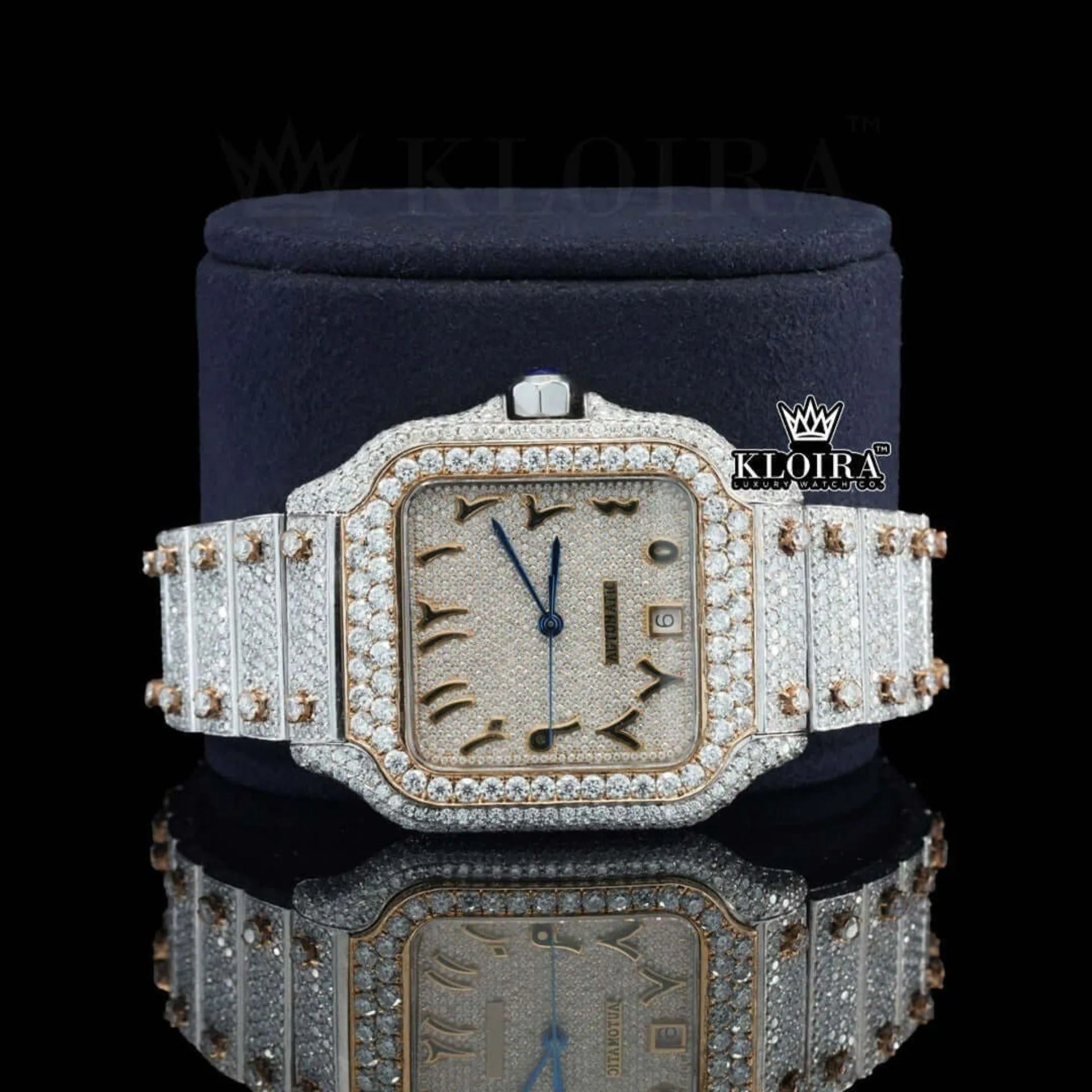 Two Tone Arabic Numerals Yellow Fully Iced Dial Moissanite Diamond Watch Close Up Front View