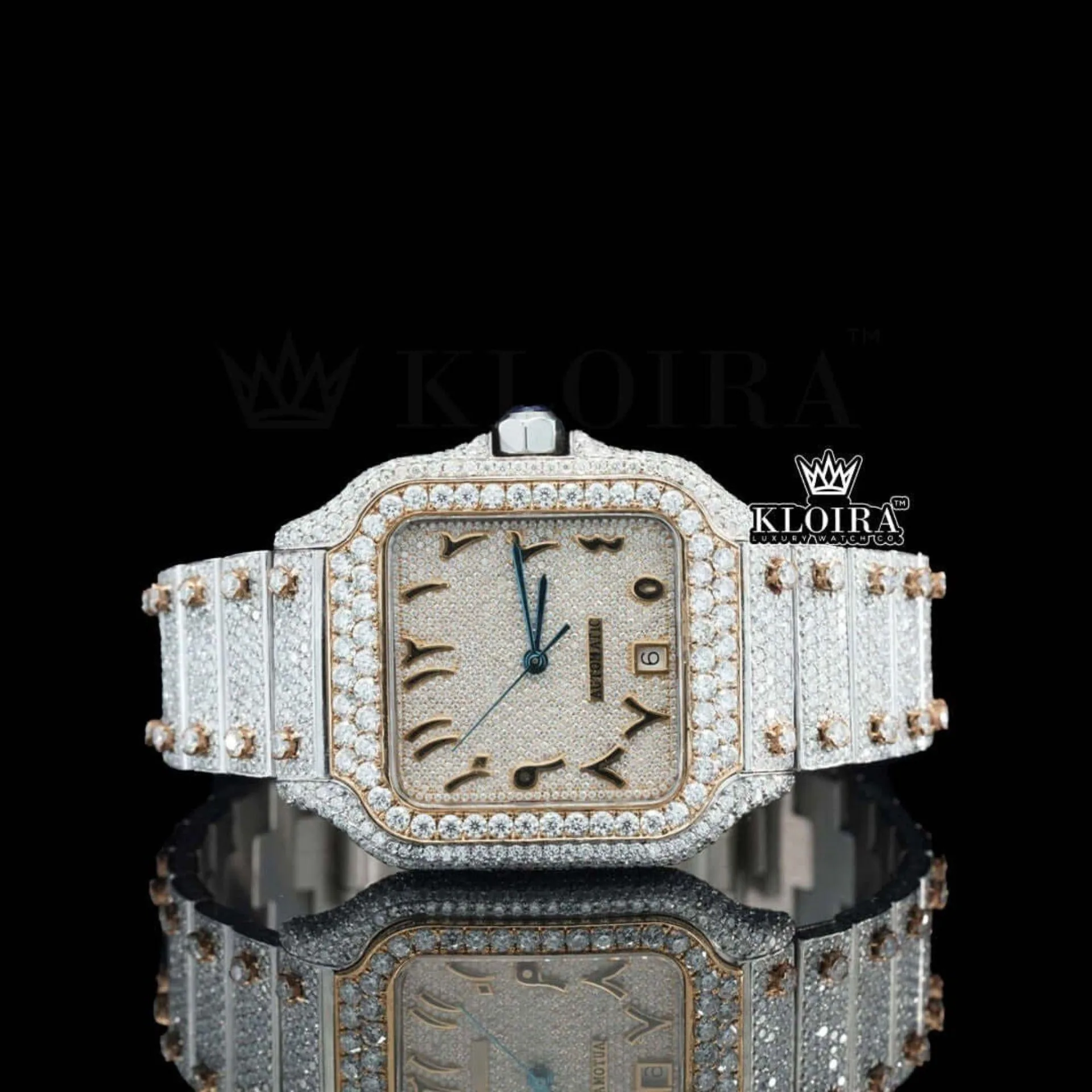 Cartior Two Tone Moissanite Watch with Arabic Numerals and Iced Dial - Front View