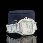 Two Tone Arabic Numerals Yellow Fully Iced Dial Moissanite Diamond Watch Right Profile View