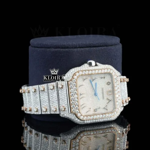 Two Tone Arabic Numerals Yellow Fully Iced Dial Moissanite Diamond Watch Right Profile View