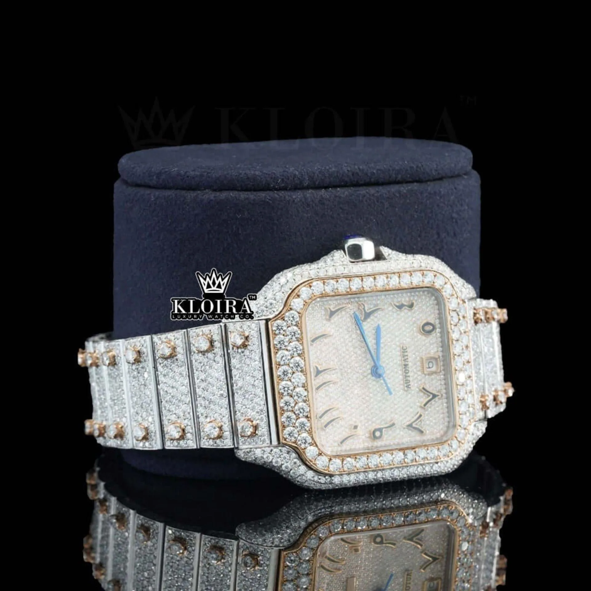Two Tone Arabic Numerals Yellow Fully Iced Dial Moissanite Diamond Watch Right Profile View