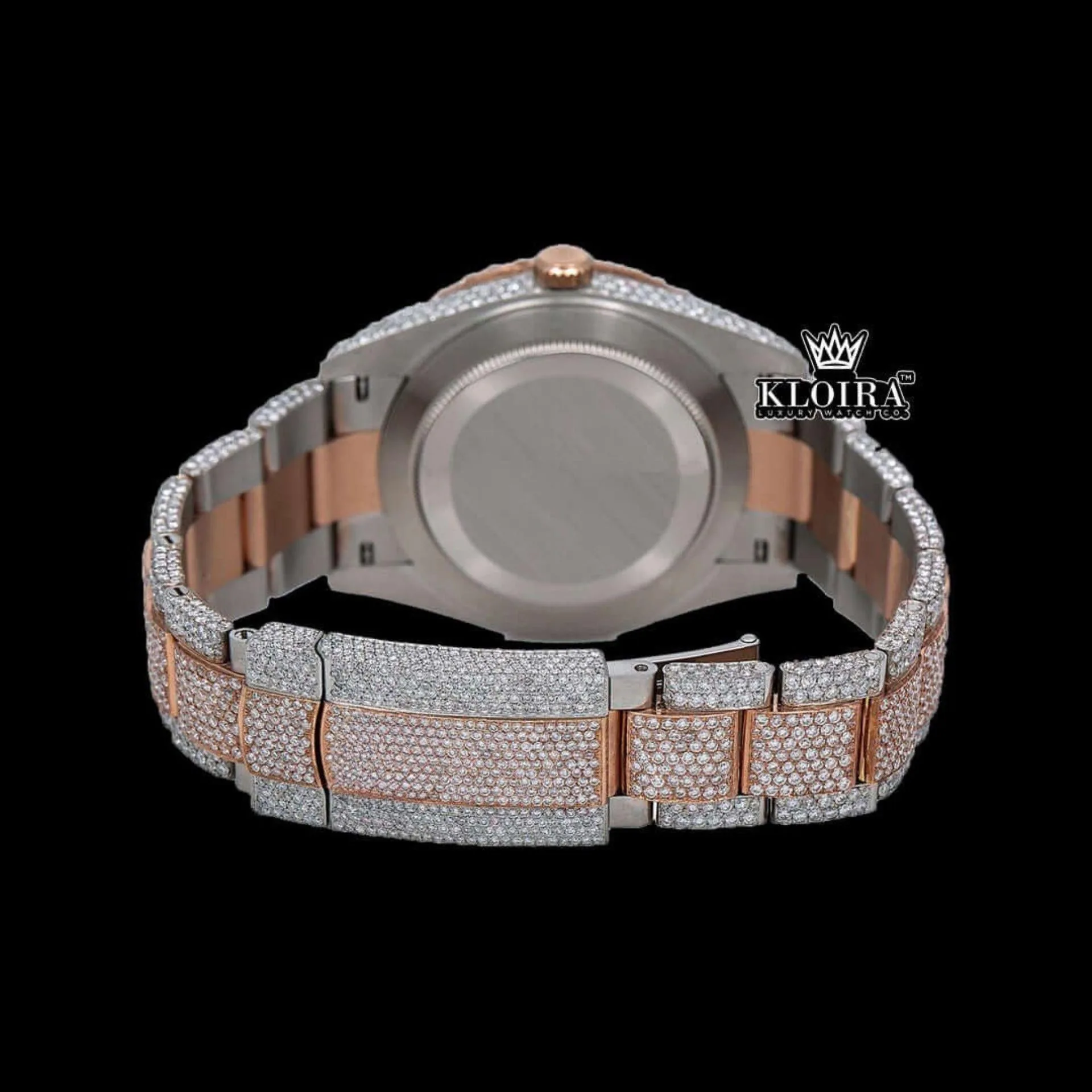 Two Tone Black Arabic Numerals Bust Down Moissanite Diamond Watch Caseback View