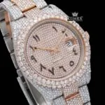 Two Tone Black Arabic Numerals Bust Down Moissanite Diamond Watch Close Up Dial View