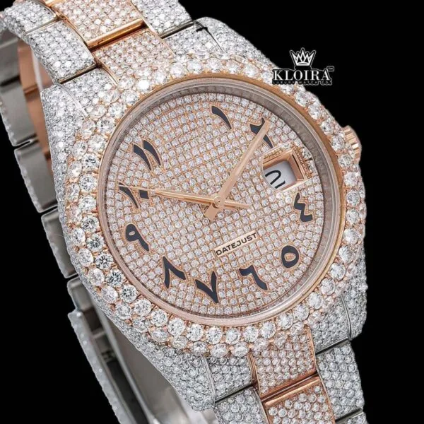 Two Tone Black Arabic Numerals Bust Down Moissanite Diamond Watch Close Up Dial View
