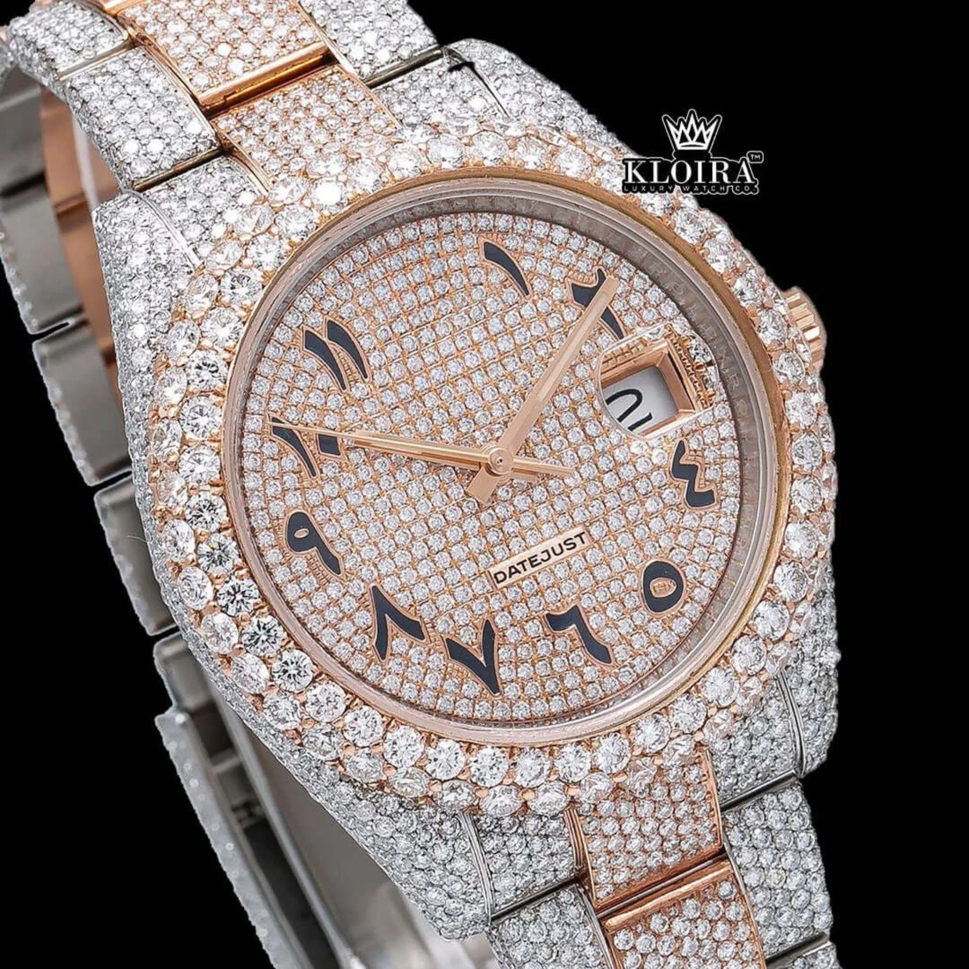 Two Tone Black Arabic Numerals Bust Down Moissanite Diamond Watch Close Up Dial View