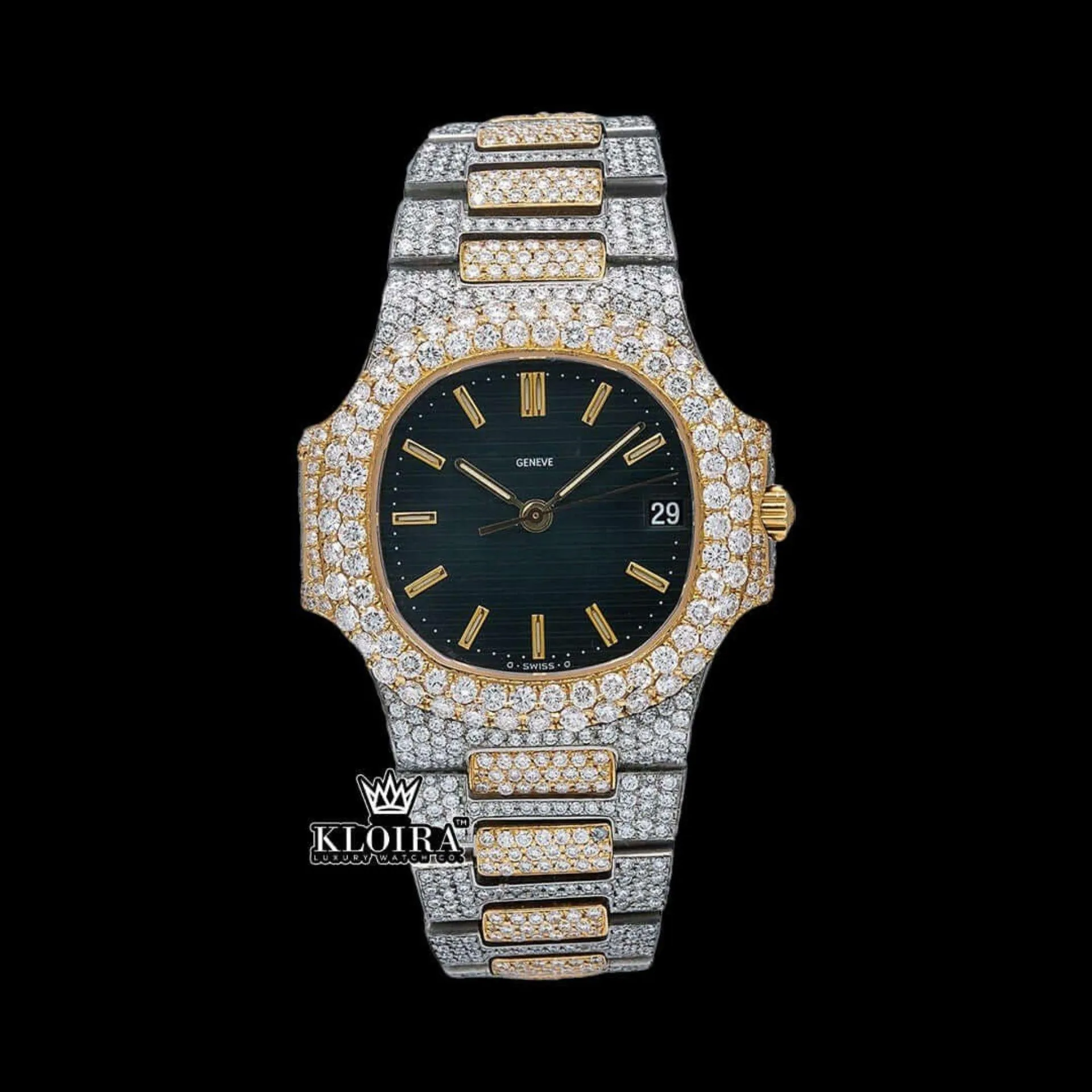 Patik Philippe Nautilus Two Tone Moissanite Diamond Watch with black dial and stick markers