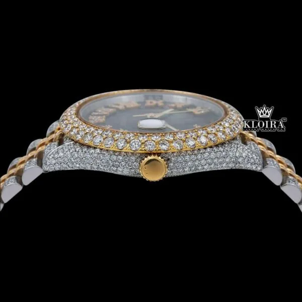 Two Tone Black Dial Roman Numerals Moissanite Diamond Watch Crown View