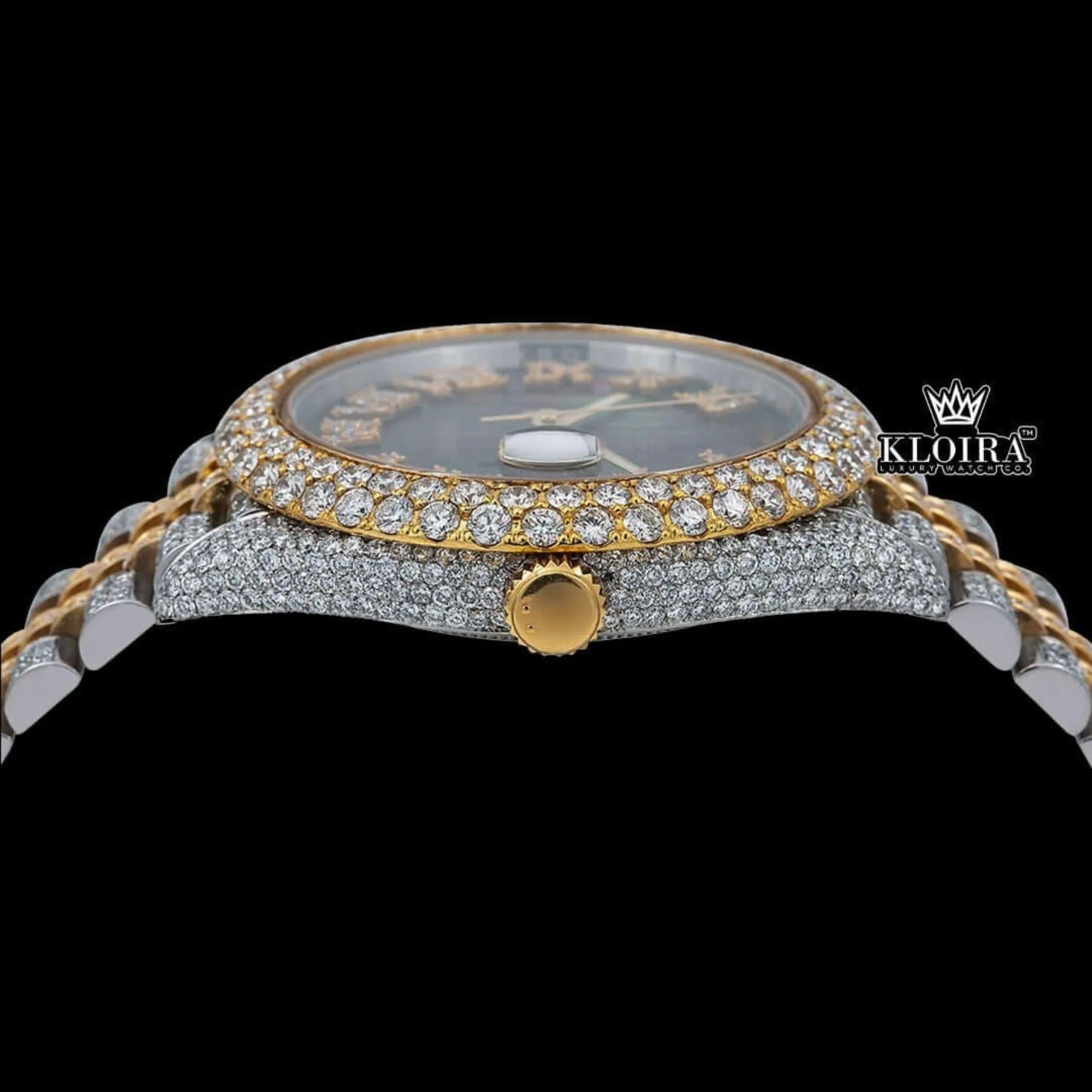 Two Tone Black Dial Roman Numerals Moissanite Diamond Watch Crown View