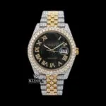 Roles Two Tone Black Dial Moissanite Watch with Roman Numerals
