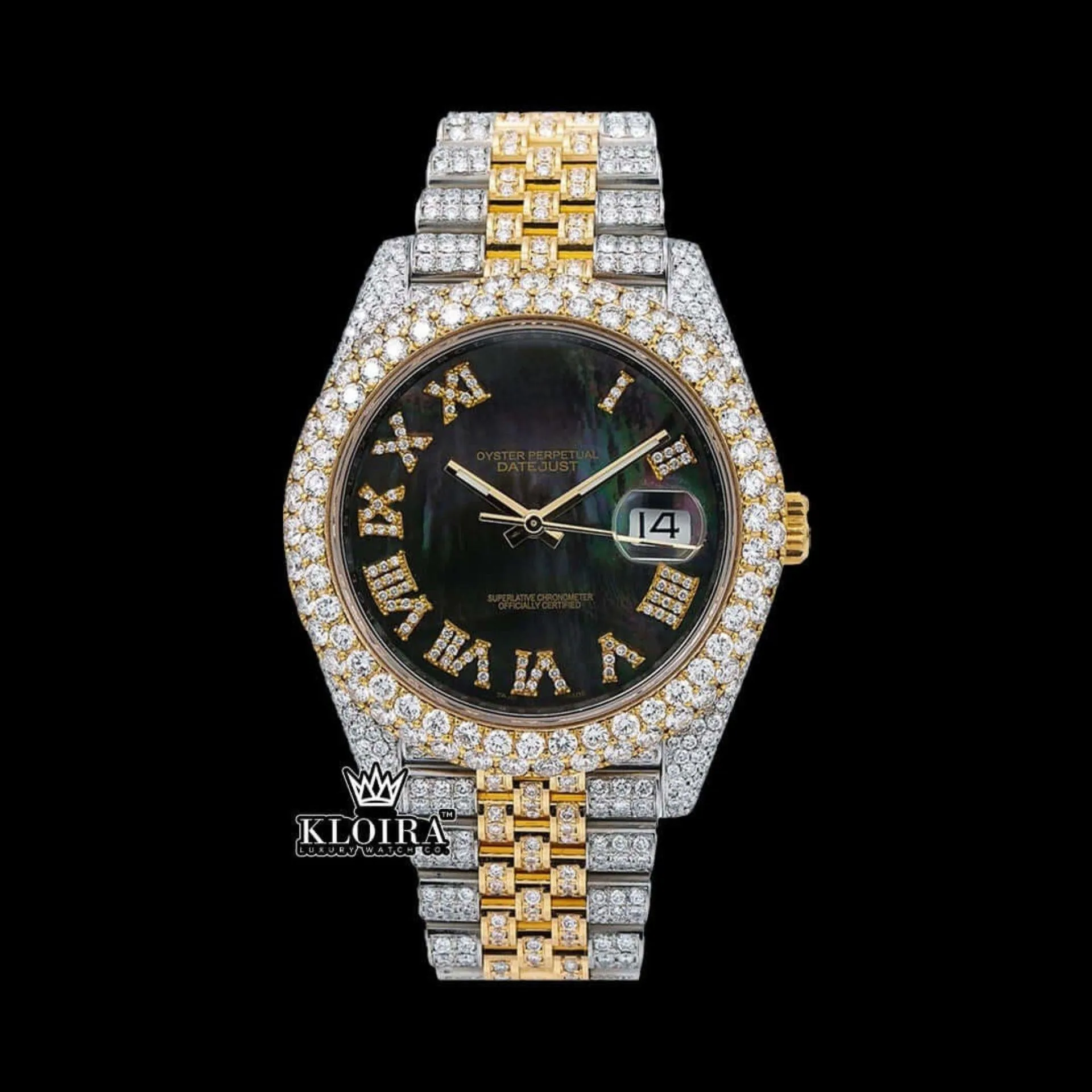 Roles Two Tone Black Dial Moissanite Watch with Roman Numerals