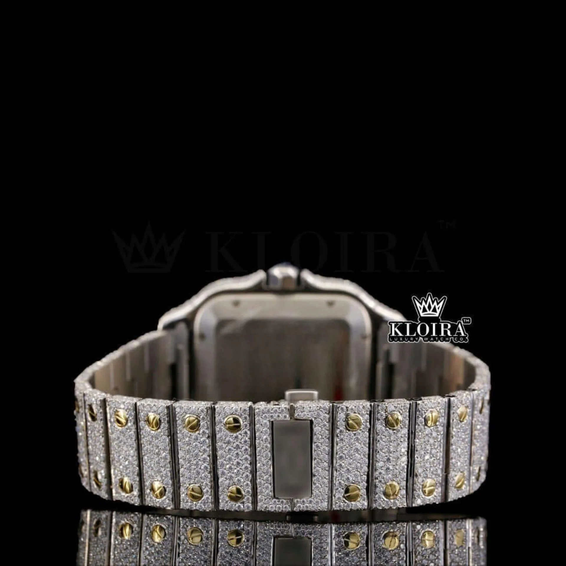 Two Tone Blue Dial Roman Numerals Moissanite Diamond Watch Caseback View
