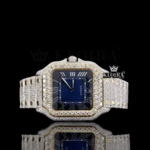Cartior Two Tone Moissanite Diamond Watch with Blue Dial