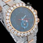 Two Tone Chronograph Blue Dial Iced Out Moissanite Diamond Watch Close Up Dial View