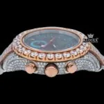 Two Tone Chronograph Blue Dial Iced Out Moissanite Diamond Watch Crown View