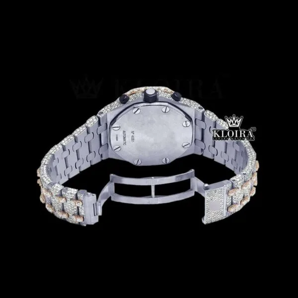 Two Tone Chronograph Standard Numerals Moissanite Diamond Watch Caseback View