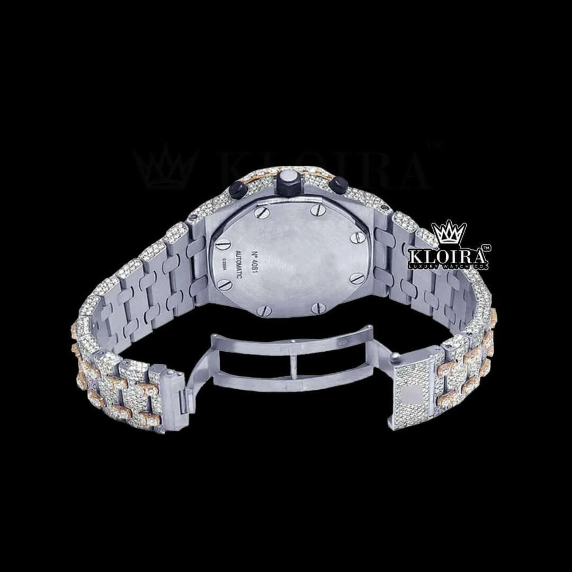 Two Tone Chronograph Standard Numerals Moissanite Diamond Watch Caseback View