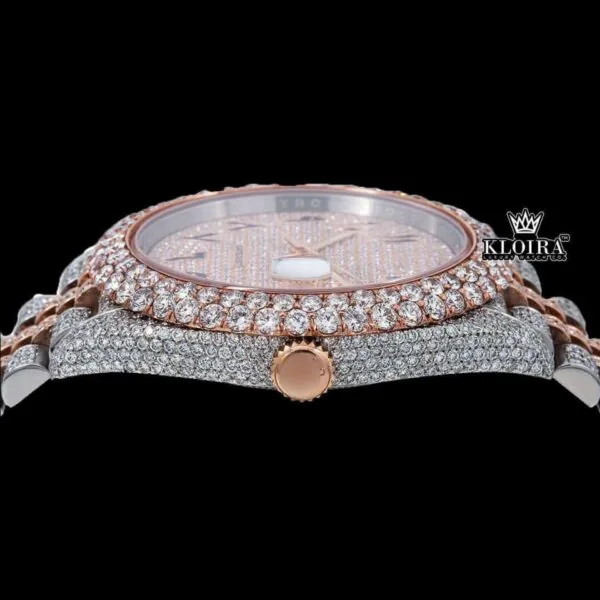 Two Tone Diamond Link Strap Arabic Dial Rose Gold Moissanite Watch Crown View