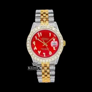 Roles Two Tone Moissanite Watch with Red Dial & Arabic Numerals
